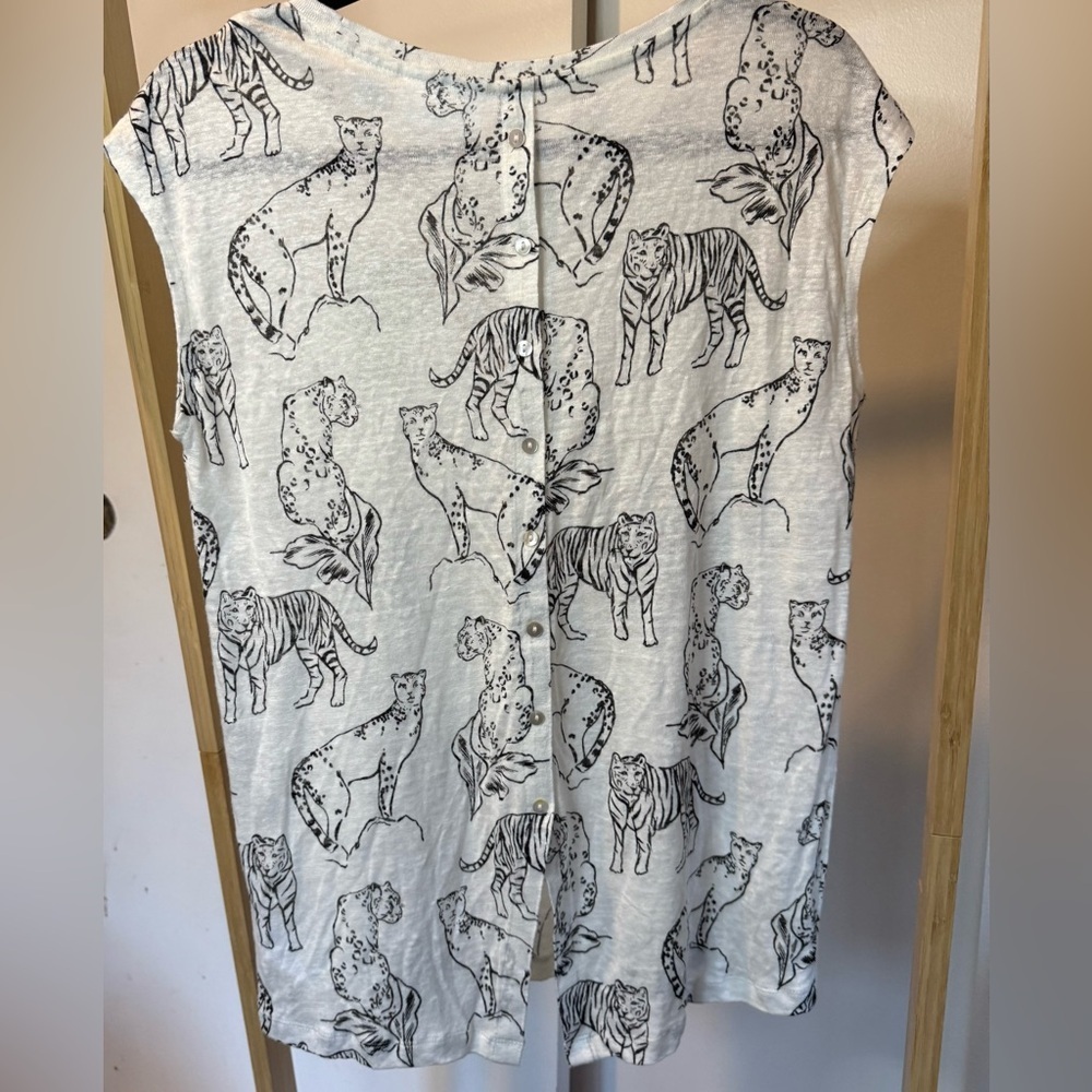 Cynthia Rowley White and Black Cheetahs & Tigers 100% Linen Top New - Picture 4 of 9